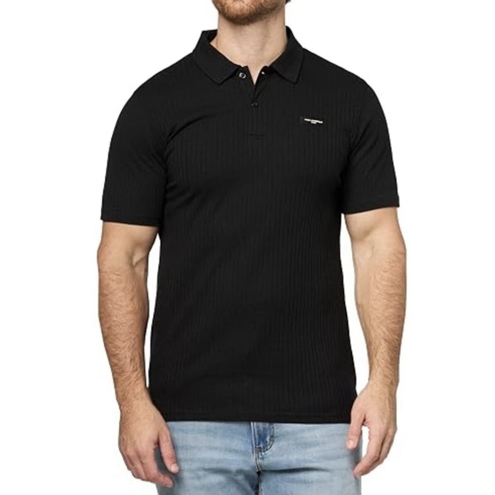 New Karl Lagerfeld Ribbed Black Polo Shirt Men's 2XL Stretch Short Sleeve